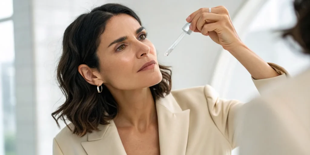 A woman applying minoxidil for women's hair thinning with a dropper.