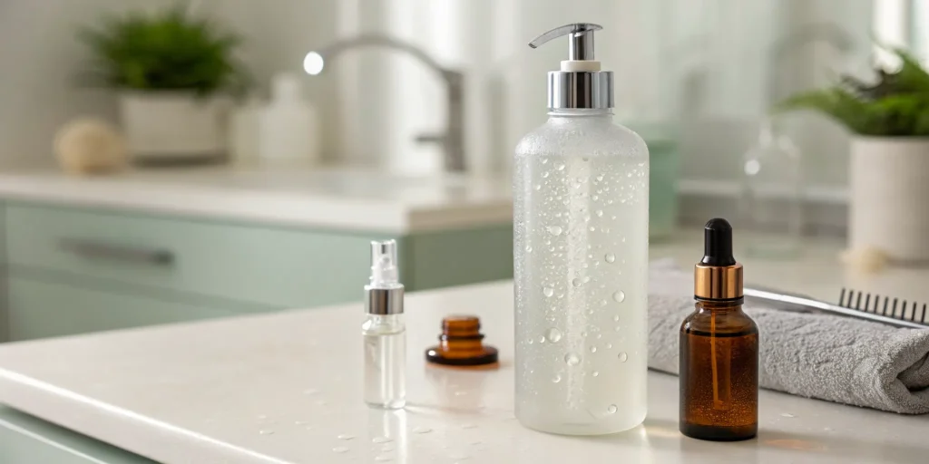 Bottles of the best shampoo and serum for hair loss on a bathroom counter.