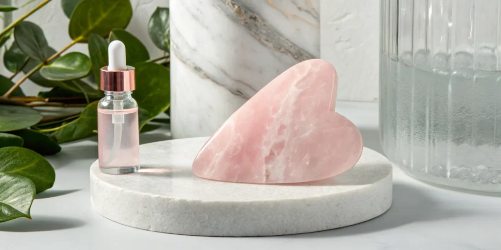 A rose quartz gua sha tool and facial oil for a beginner's facial massage.