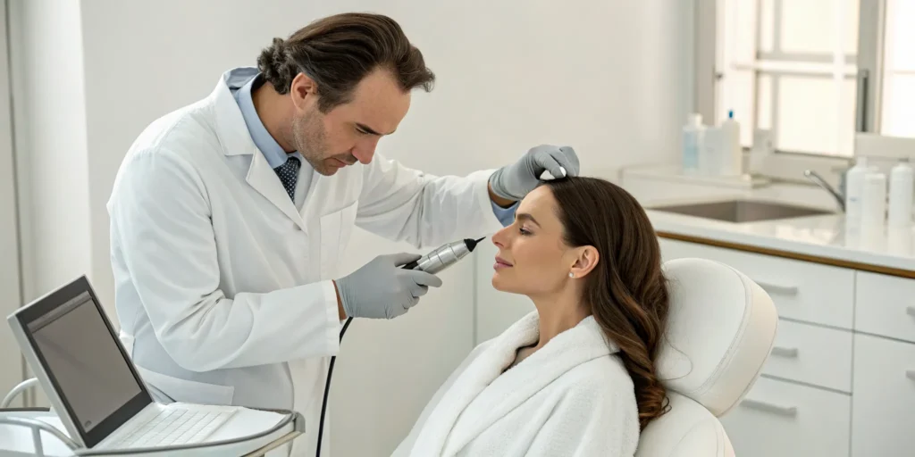 A specialist performs a professional hair loss therapy treatment on a patient's scalp.