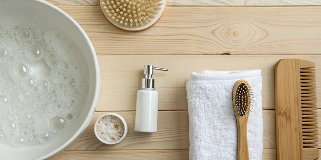 A Japanese head spa setup for scalp health and relaxation, with a brush, comb, and cleansing products.