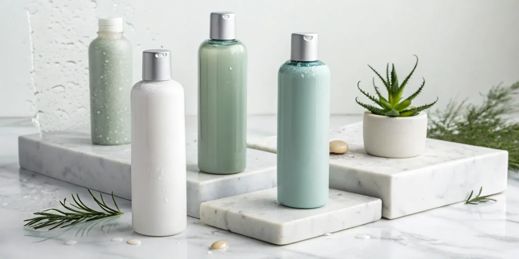 Bottles of dandruff shampoo for different scalp types on a marble surface with an aloe plant.