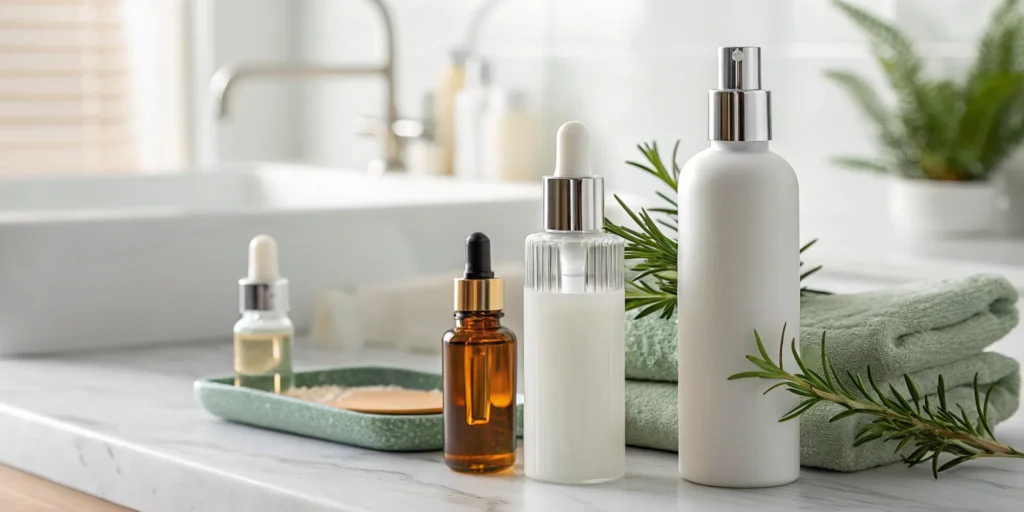 A selection of the best hair growth products and serums on a bathroom counter.