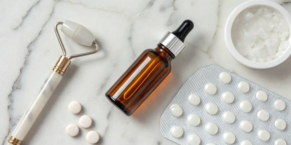 A serum, scalp roller, supplements, and cream used in a routine to treat hair loss.