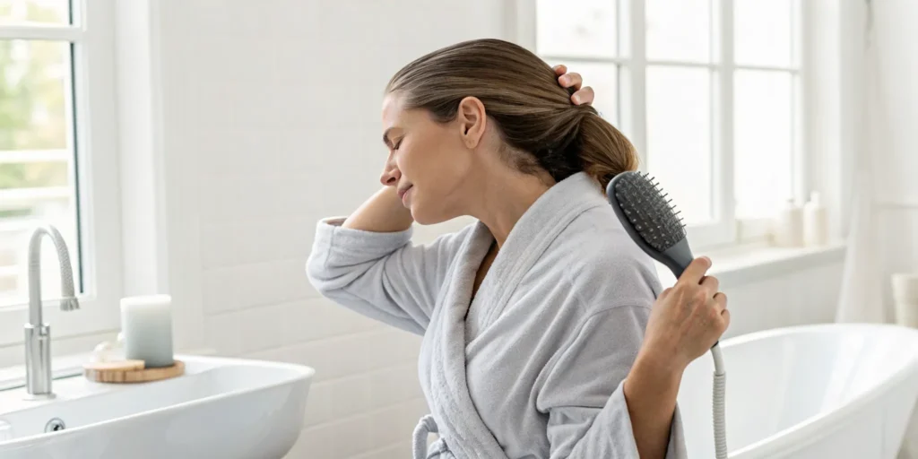 Woman using a scalp massager to cleanse her scalp and promote relaxation.