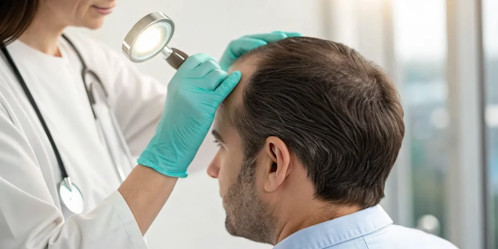 Dermatologist examining a man's scalp for hair loss treatment.