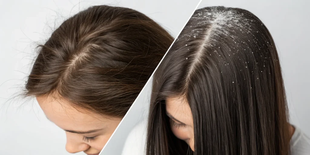 A close-up comparison of a dry scalp vs a scalp with dandruff flakes.