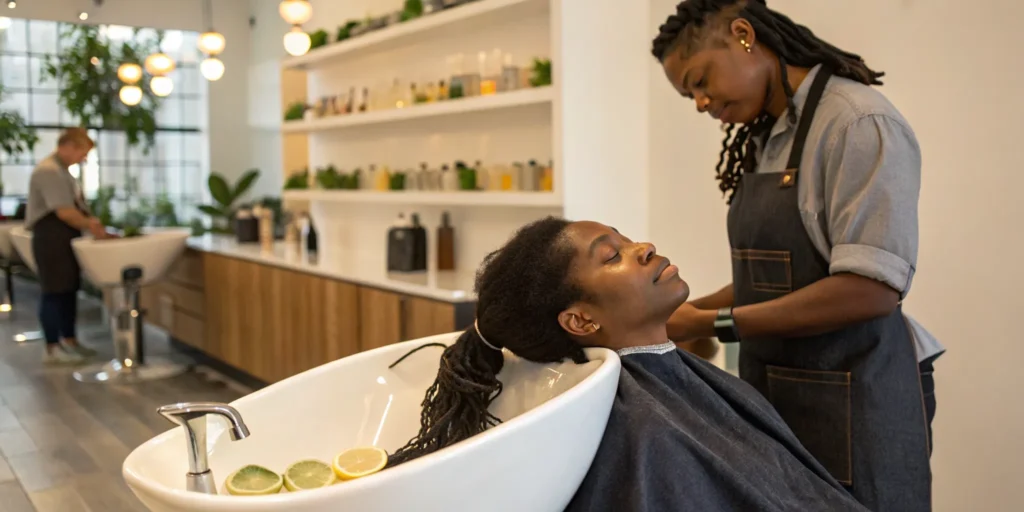 Client's locs in a salon sink during a loc detox service in Alpharetta, GA.