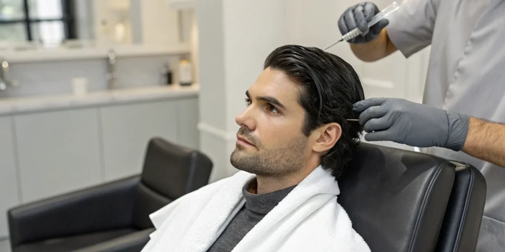 A technician applies a professional scalp treatment to a man's scalp in a salon.