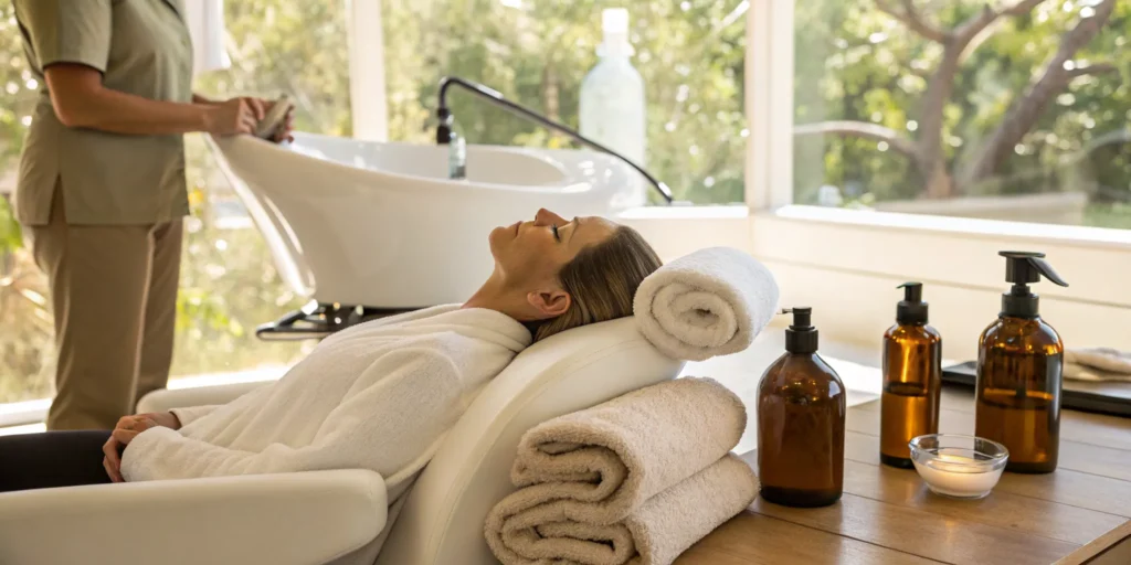 A woman enjoying a relaxing head spa treatment for scalp health in Alpharetta, GA.