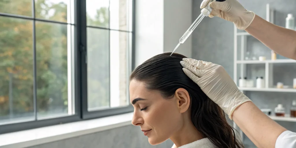 Professional scalp exfoliation treatment applied to a woman's head with a dropper.