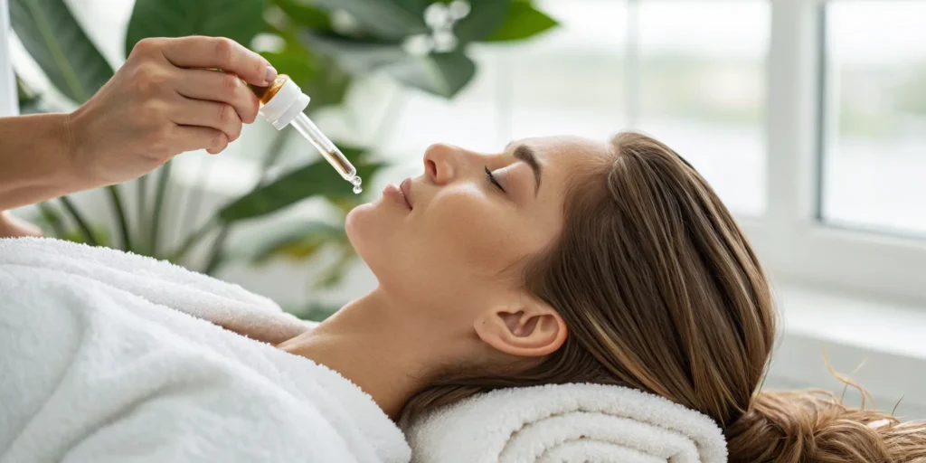 Woman receiving a scalp facial with a serum dropper in Alpharetta, GA.