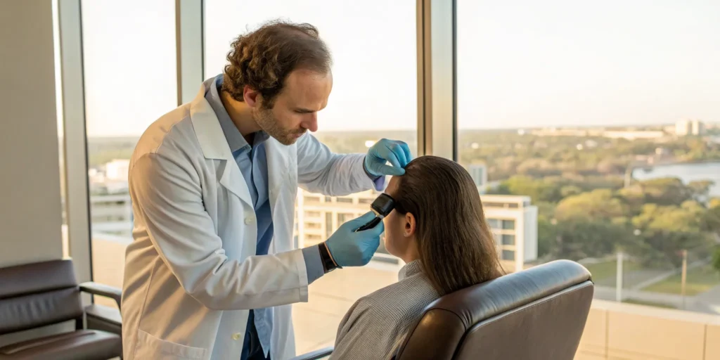 Clinical scalp analysis in Southlake, TX with a specialist using a professional tool.