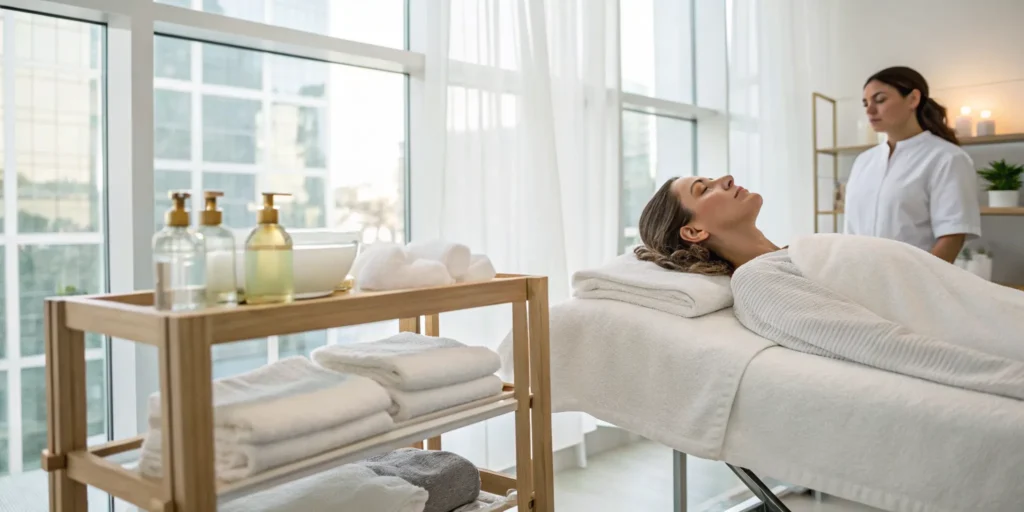 Woman relaxing during a scalp facial treatment in Alpharetta, GA.