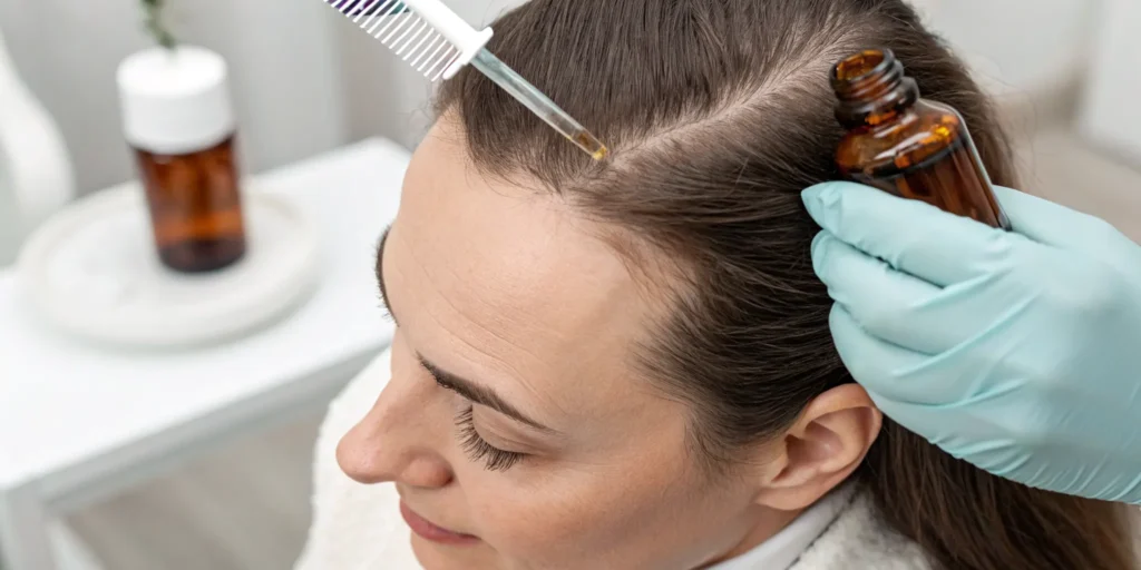 Applying treatment to white, waxy buildup on the scalp.